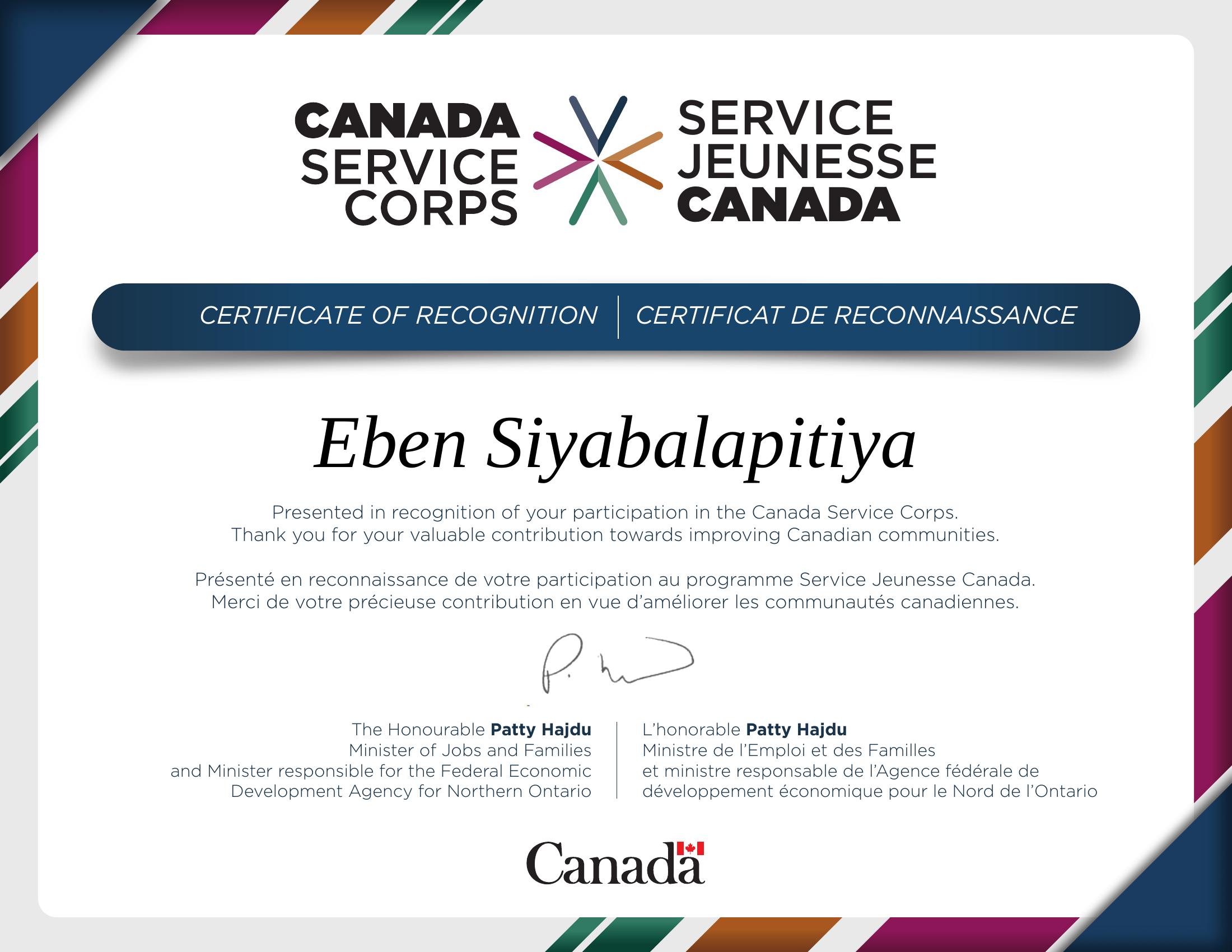 Canada Service Corps Certificate of Recognition presented to Eben Siyabalapitiya, signed by the Honourable Patty Hajdu